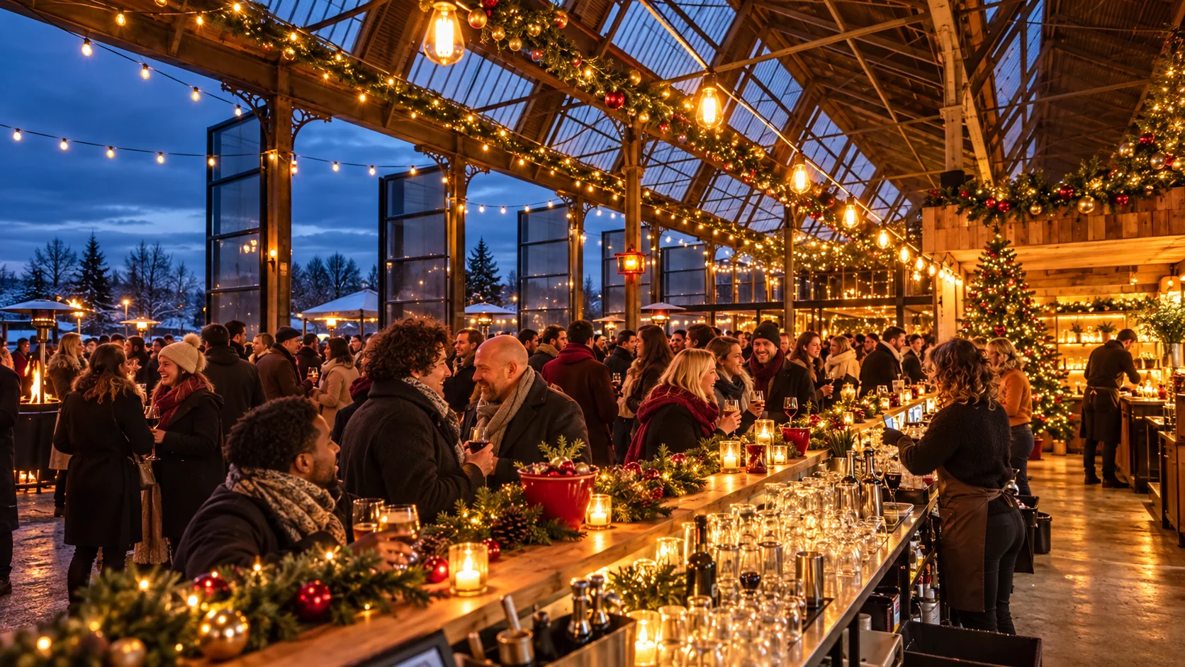 Een feestelijk aangeklede barhal met kerstgroen en warme lichtslingers, winterse sfeerimpressie