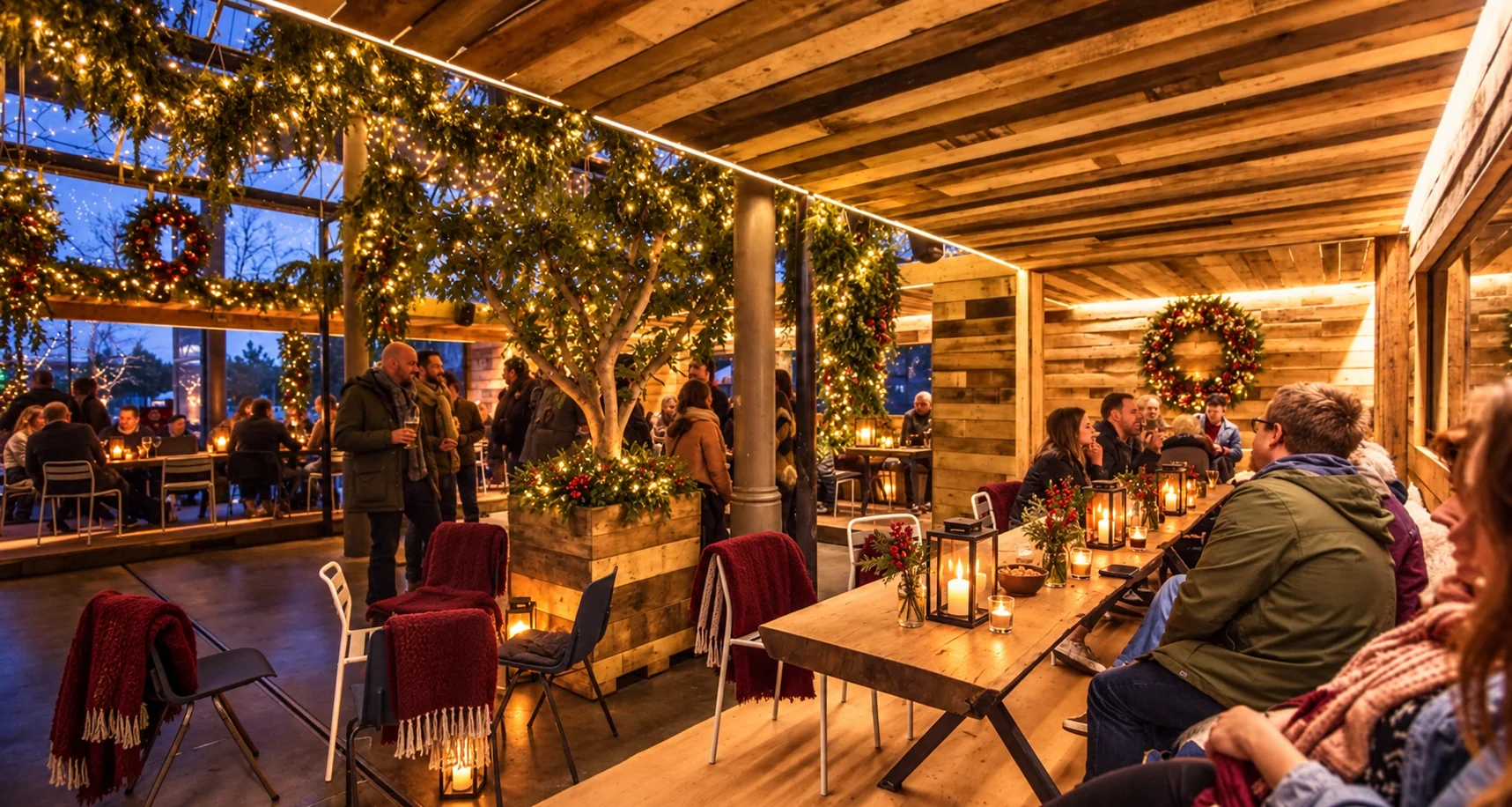 Gezellige winterlounge met houten tafels, kerstgroen en warme verlichting